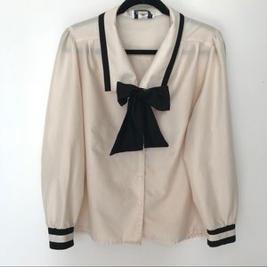 Vtg Joyce Ivory Blouse Black Trim Pussy Bow L